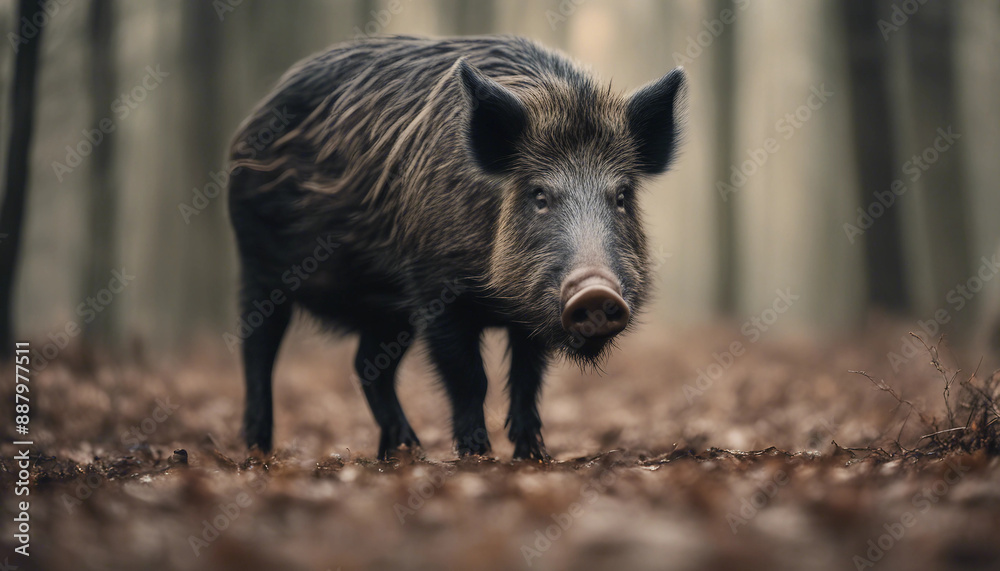 A wild boar foraging in the forest, overcast day
A wild boar foraging in the forest, overcast day