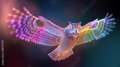 Colorful Digital Art of a Flying Owl with Glowing Neon Wings on a Dark Background