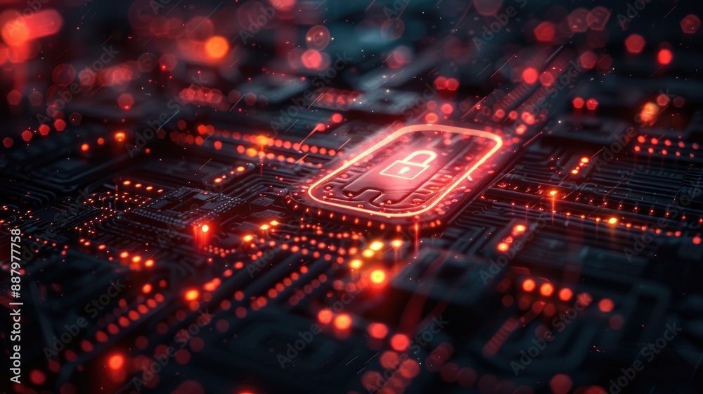 Futuristic cybersecurity technology concept with a glowing red lock symbol on a digital circuit board, emphasizing data protection. Futuristic cybersecurity technology concept with a glowing red lock symbol on a digital circuit board, emphasizing data protection.