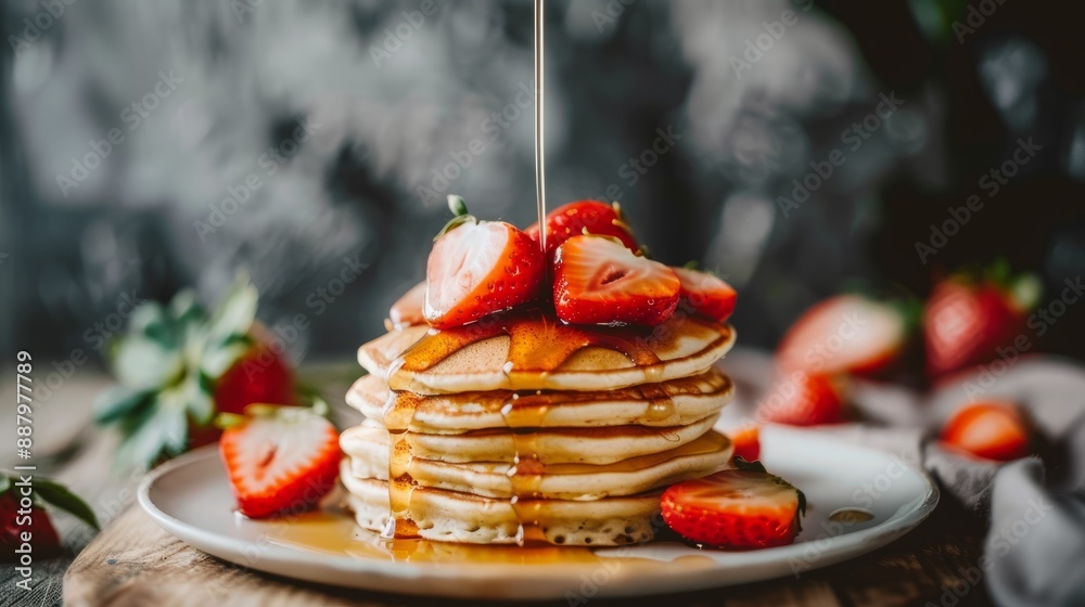 Stack of Pancakes with Syrup and Strawberries.