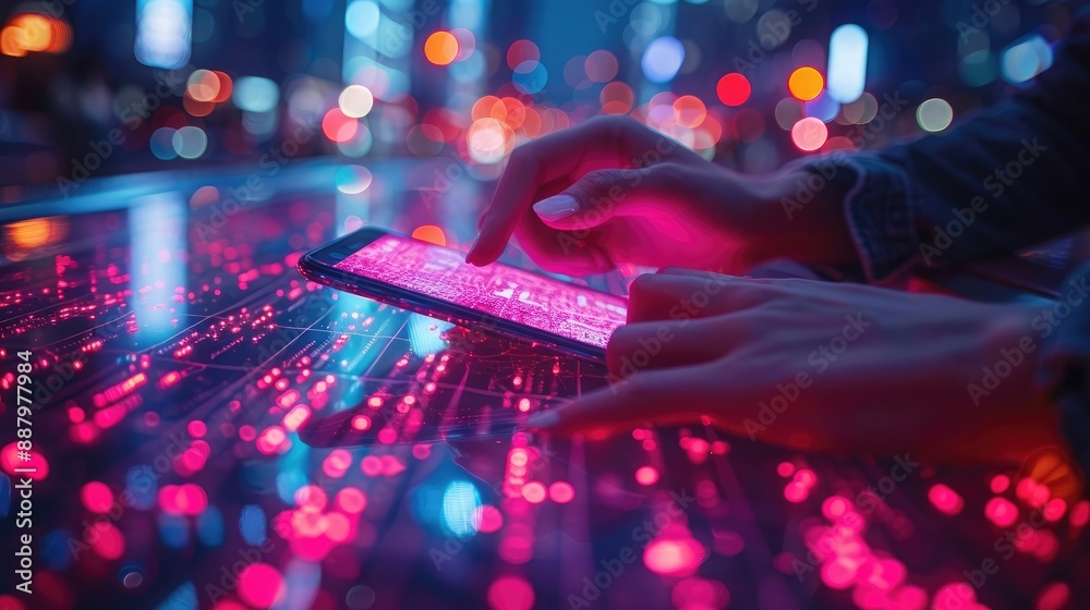 Hands using smartphone in vibrant cityscape at night, with glowing neon lights reflecting. Modern technology and urban lifestyle concept. Hands using smartphone in vibrant cityscape at night, with glowing neon lights reflecting. Modern technology and urban lifestyle concept.