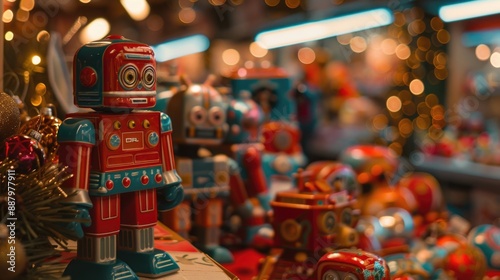 Vintage toys and robots at a Christmas market.