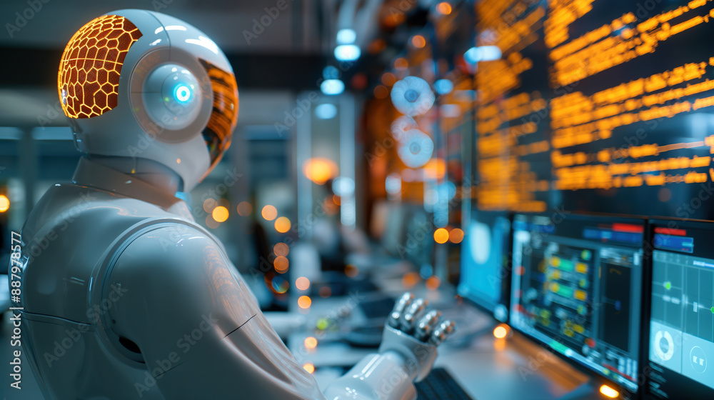 Futuristic AI Robot Operating in High-Tech Control Room with Multiple Monitors Displaying Data Futuristic AI Robot Operating in High-Tech Control Room with Multiple Monitors Displaying Data