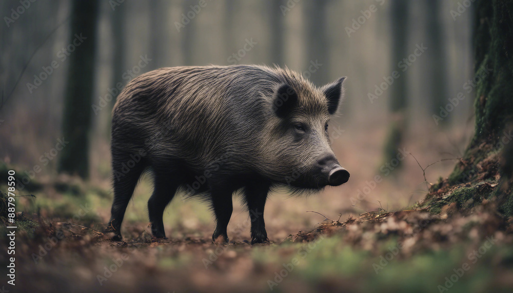 A wild boar foraging in the forest, overcast day
A wild boar foraging in the forest, overcast day