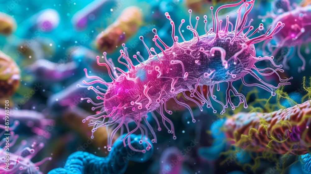 A close-up microscopic view of a single bacterium with numerous appendages. A close-up microscopic view of a single bacterium with numerous appendages.