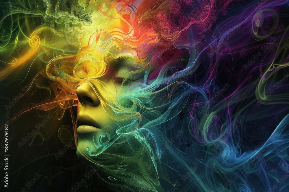 Fototapeta premium abstract digital art depicting human emotions as intertwining colorshifting tendrils emerging from a central neural core