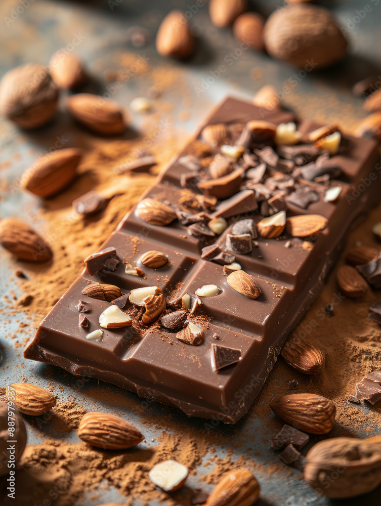 Chocolate bar with almonds sprinkled on top Chocolate bar with almonds sprinkled on top