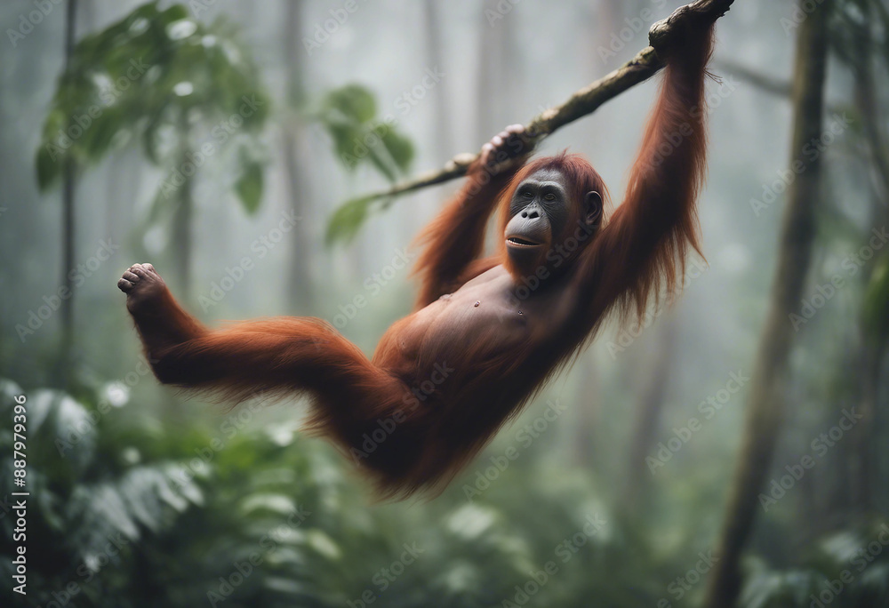 Naklejka premium An orangutan swinging through the rainforest, misty morning