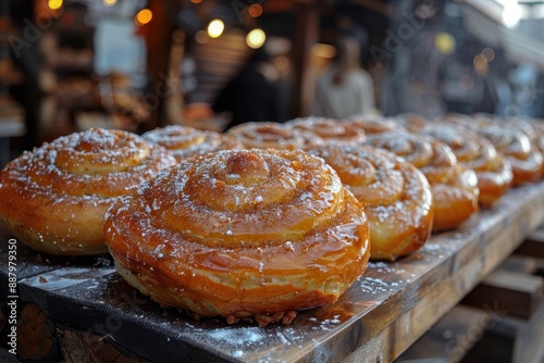 Hungary Krtskalcs Spiral shaped sweet bread rolled in sugar and cinnamon, baked on a spit, served warm. photo