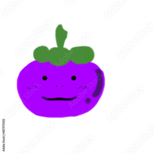 A purple mangosteen with a green top.