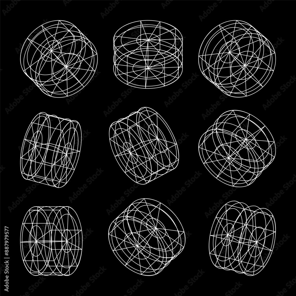 Obraz premium Wireframe lined shapes. Perspective mesh, 3d grid. Low poly geometric elements. Retro futuristic design elements, y2k, vaporwave and synthwave style. Vector illustration