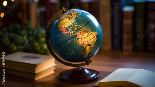 A world globe model placed on an open book