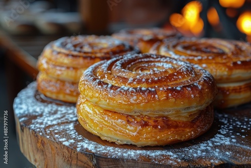 Hungary Krtskalcs Spiral shaped sweet bread rolled in sugar and cinnamon, baked on a spit, served warm. photo