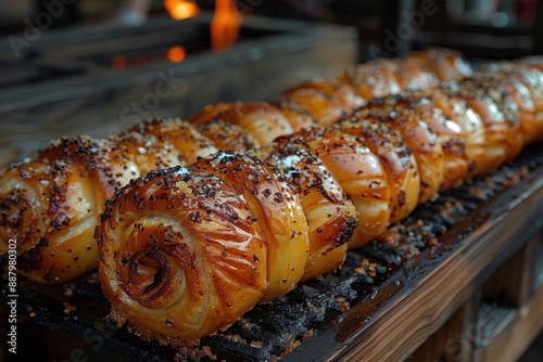 Hungary Krtskalcs Spiral shaped sweet bread rolled in sugar and cinnamon, baked on a spit, served warm. photo