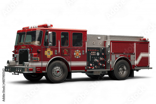 A Red Fire Truck Parked On A White Background