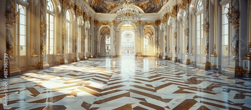 The interior of a beautiful palace, with a golden and white marble floor in a chevron pattern, tall ceilings.