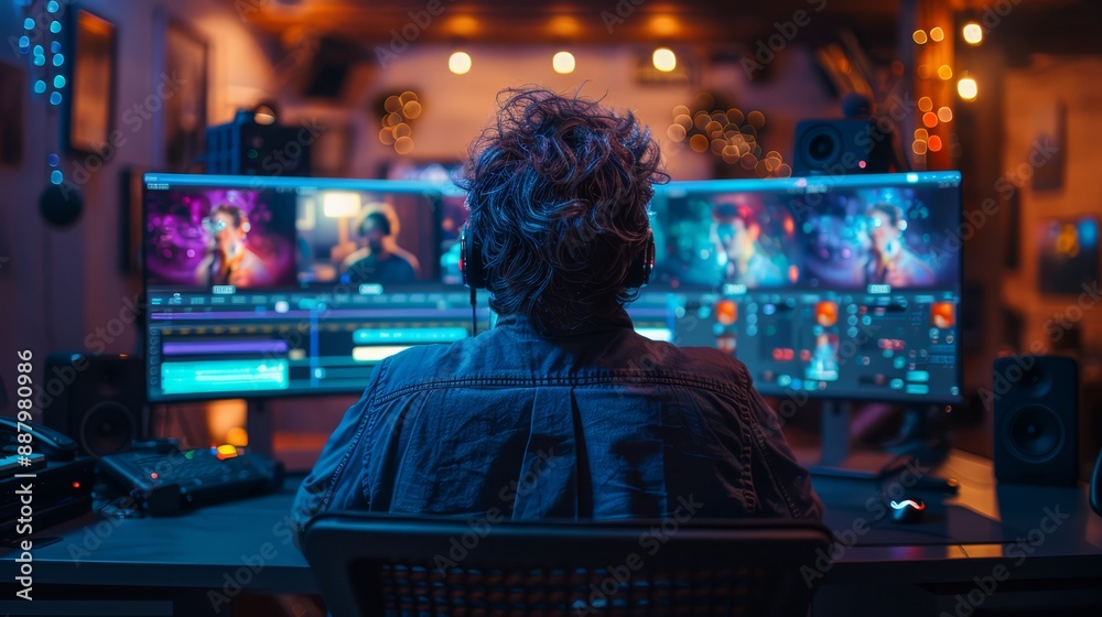 A dedicated video editor sits at a sleek desk with multiple monitors, adjusting color grading and fine-tuning audio for a movie project using advanced editing software.