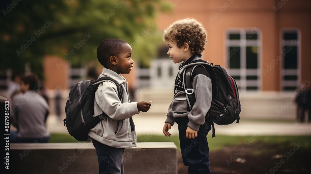 Fototapeta premium Candid moment of a child student offering help to a friend on campus