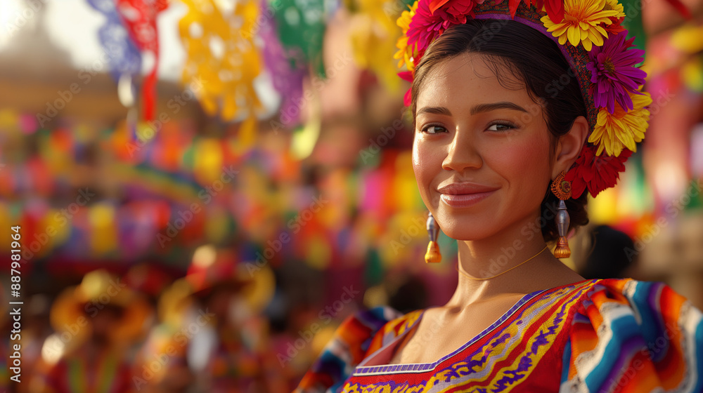 Latina woman in traditional dress, Celebrating a cultural festival, Colorful decorations in the background, Latina woman in traditional dress, Celebrating a cultural festival, Colorful decorations in the background,