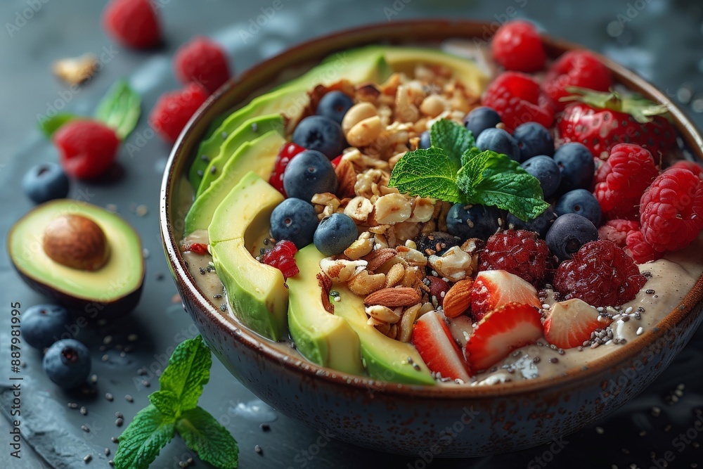 Delicious and Healthy Smoothie Bowl with Avocado, Berries, and Nuts. Delicious and Healthy Smoothie Bowl with Avocado, Berries, and Nuts.