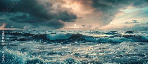 A dramatic seascape backdrop featuring stormy ocean waves with copy space image © Ilgun