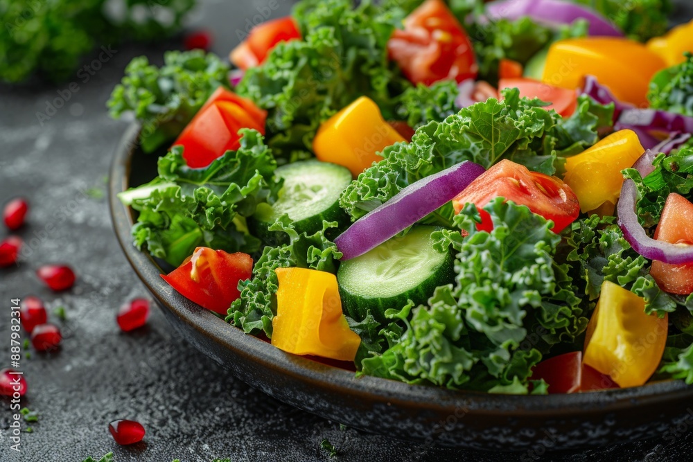 Fresh Salad with Kale, Tomatoes, Cucumber, Red Onion and Yellow Peppers.