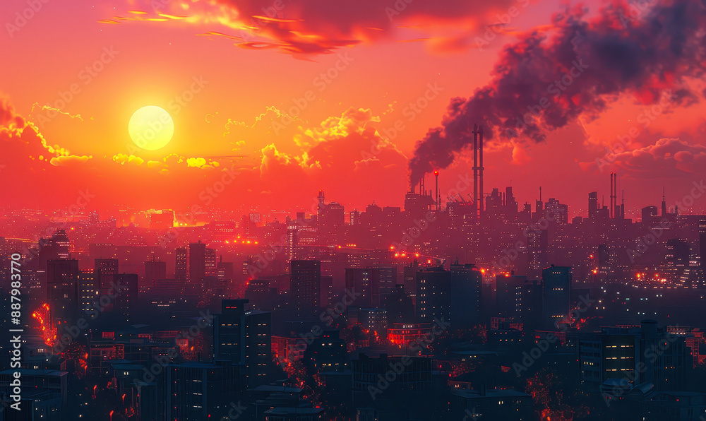 Urban Smog and Pollution in Cityscape at Sunset, Illustrating Environmental Issues from Urbanization, Dense Smoke from Factories Darkening Sky, Dramatic Contrast of Industrialization and Nature Urban Smog and Pollution in Cityscape at Sunset, Illustrating Environmental Issues from Urbanization, Dense Smoke from Factories Darkening Sky, Dramatic Contrast of Industrialization and Nature