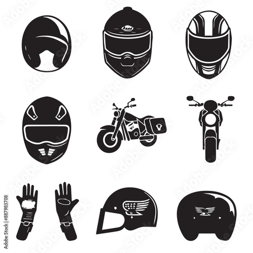 Design very stylish black pictograms that represent motorcycle items icon set.flat. Simple. White background.