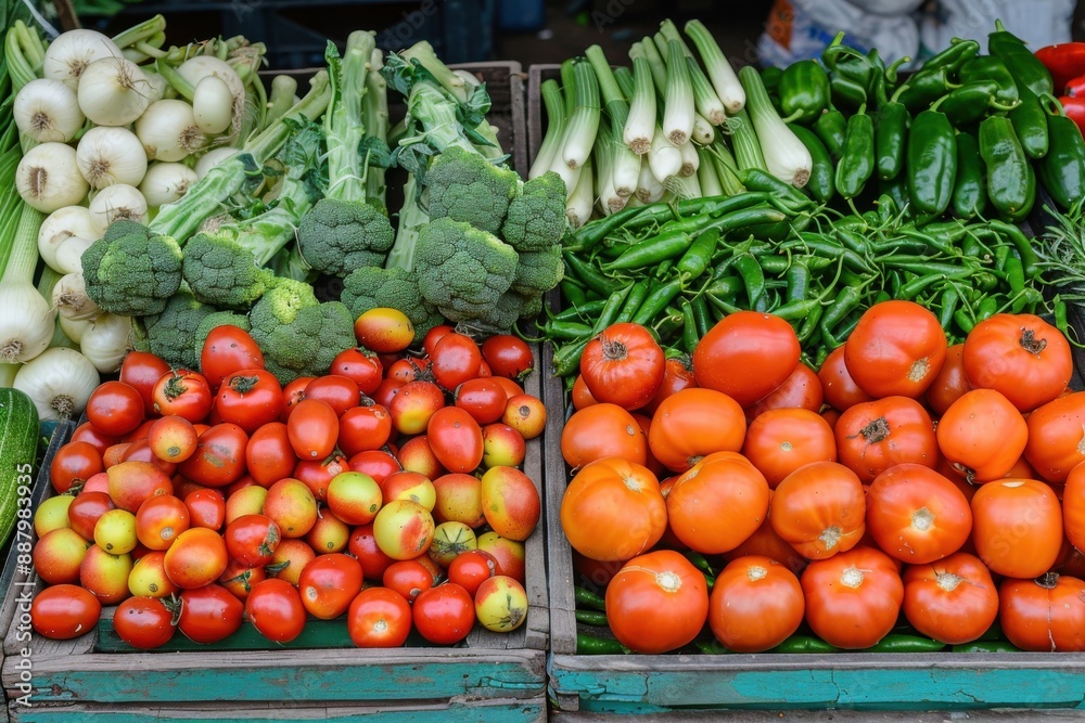 An organized display of fresh vegetables in a market stall featuring tomatoes, broccoli, onions, and green peppers, emphasizing the importance of healthy eating and sustainability. An organized display of fresh vegetables in a market stall featuring tomatoes, broccoli, onions, and green peppers, emphasizing the importance of healthy eating and sustainability.