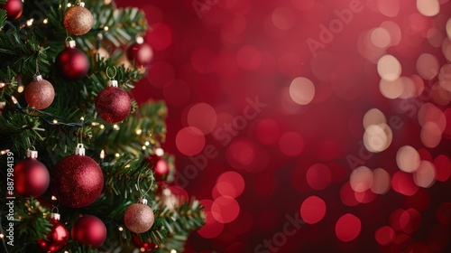 Festive Christmas tree with ornaments and bokeh lights on red background, ideal for text placement.