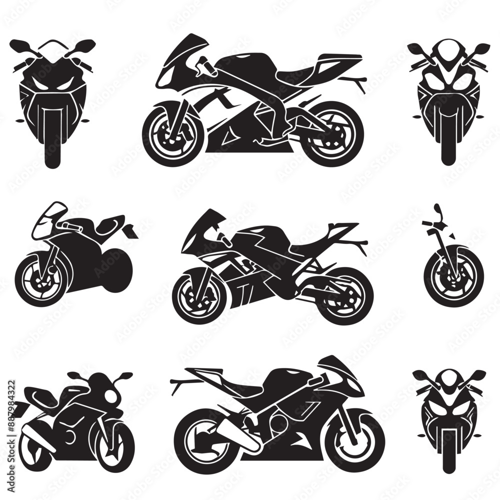 Obraz premium Design very stylish black pictograms that represent motorcycle items icon set.flat. Simple. White background.