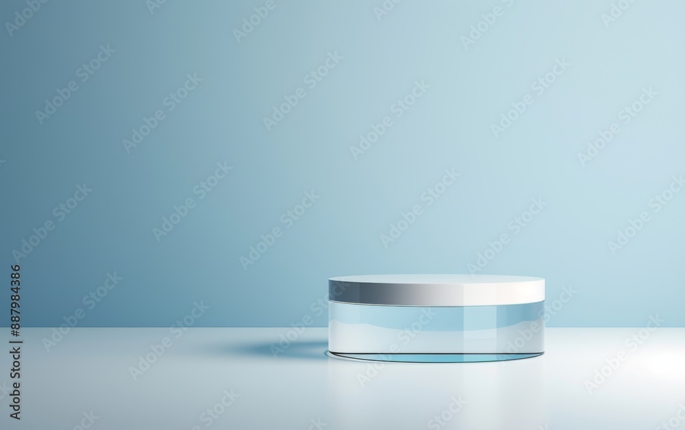 Abstract glass background with empty podiums for product presentation, white and light blue color scheme Abstract glass background with empty podiums for product presentation, white and light blue color scheme