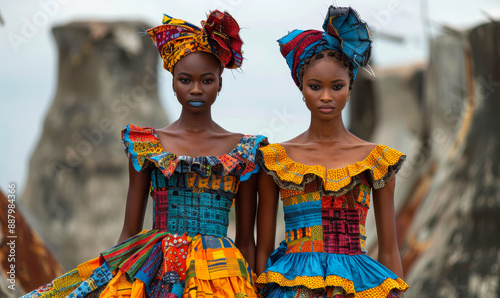 Elegant Modern South African Fashion Models in Colorful Traditional Attire with African Prints Posing Outdoors photo