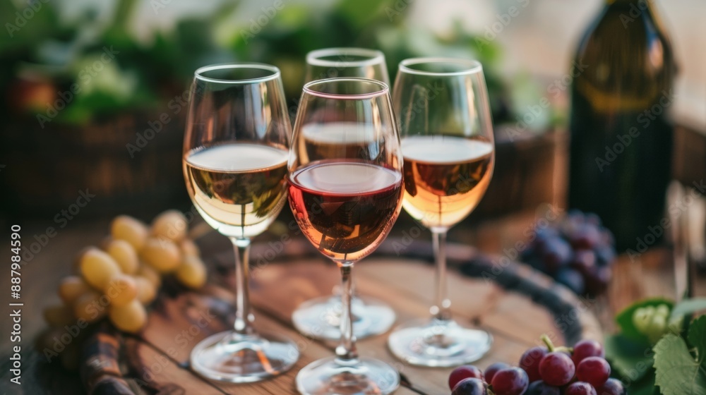 Assorted wine glasses with grapes on wooden barrel Assorted wine glasses with grapes on wooden barrel