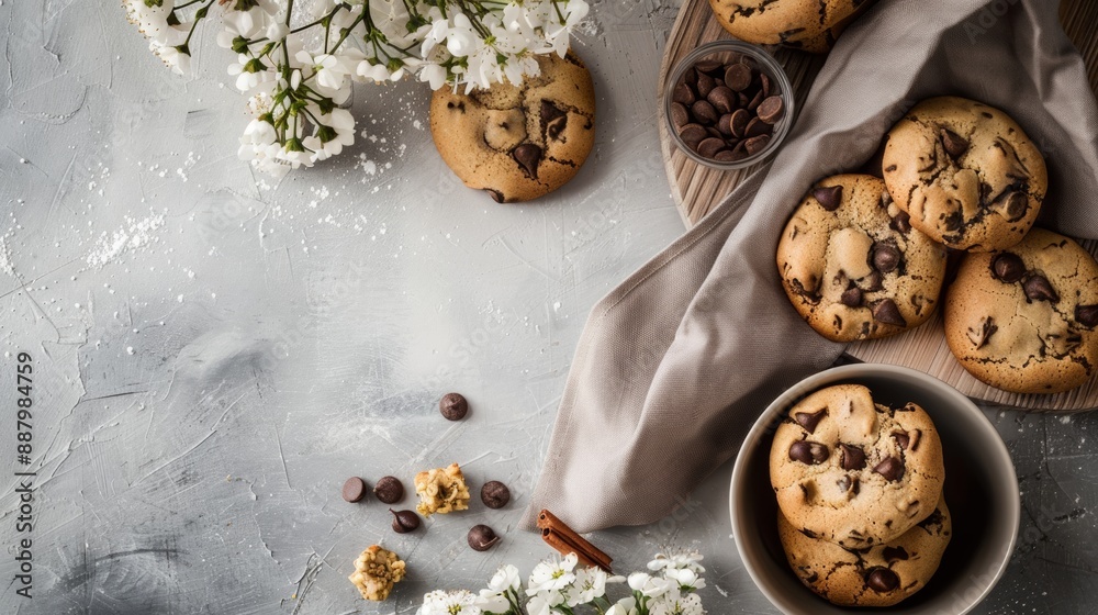 Chocolate chip cookies with flowers on a rustic surface Chocolate chip cookies with flowers on a rustic surface