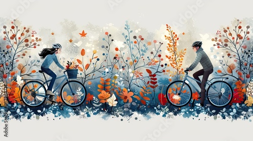 Illustration of a man and woman riding bicycles through a colorful autumn forest with various plants and leaves.
