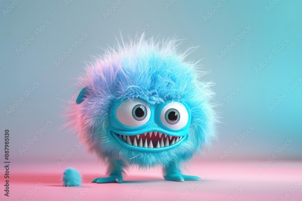 Fototapeta premium adorable 3d cartoon monster with fluffy blue fur googly eyes and a mischievous grin set against a playful pastel background