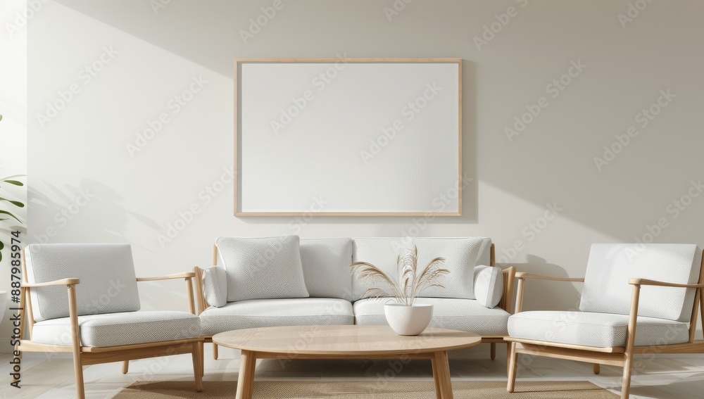 An empty rectangle frame mockup in white, placed on the wall of a living room with a sofa and armchairs An empty rectangle frame mockup in white, placed on the wall of a living room with a sofa and armchairs