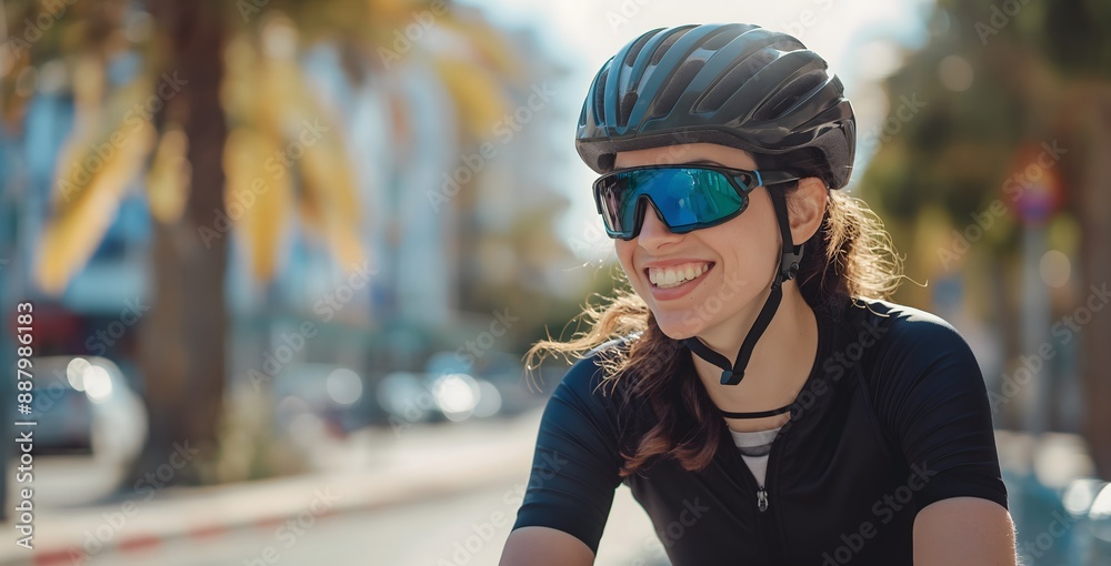 Smiling woman in cycling gear, wearing sunglasses and helmet while riding on the street with a city background Smiling woman in cycling gear, wearing sunglasses and helmet while riding on the street with a city background