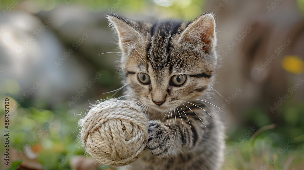 Naklejka premium funny kitten playing with a ball of yarns