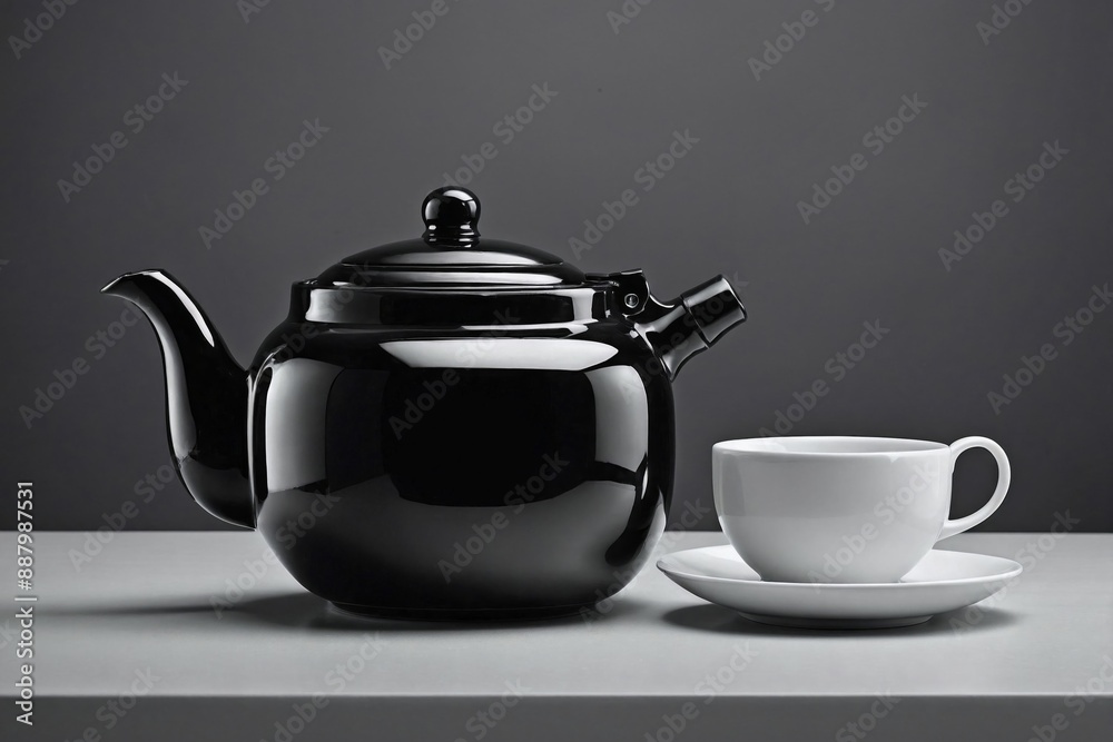 a black teapot and matching cup on a glossy white table. a black teapot and matching cup on a glossy white table.