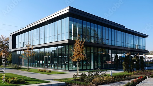 A modern office building with glass facades