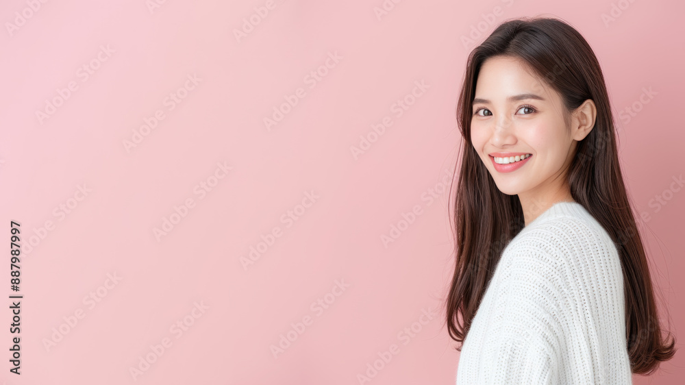 Japanese woman in white sweater smile to copy space for text advertising Japanese woman in white sweater smile to copy space for text advertising