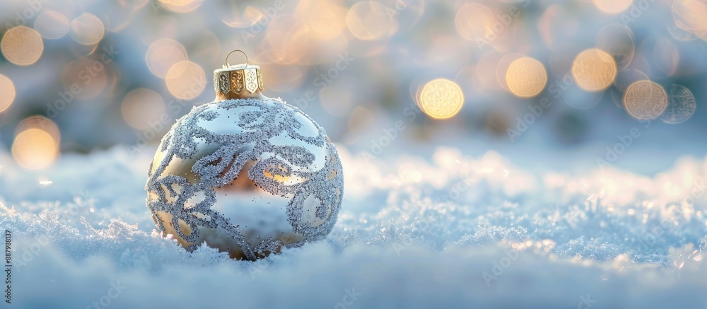 A Christmas decoration rests on snow with a blurred background providing ample copy space for an image A Christmas decoration rests on snow with a blurred background providing ample copy space for an image