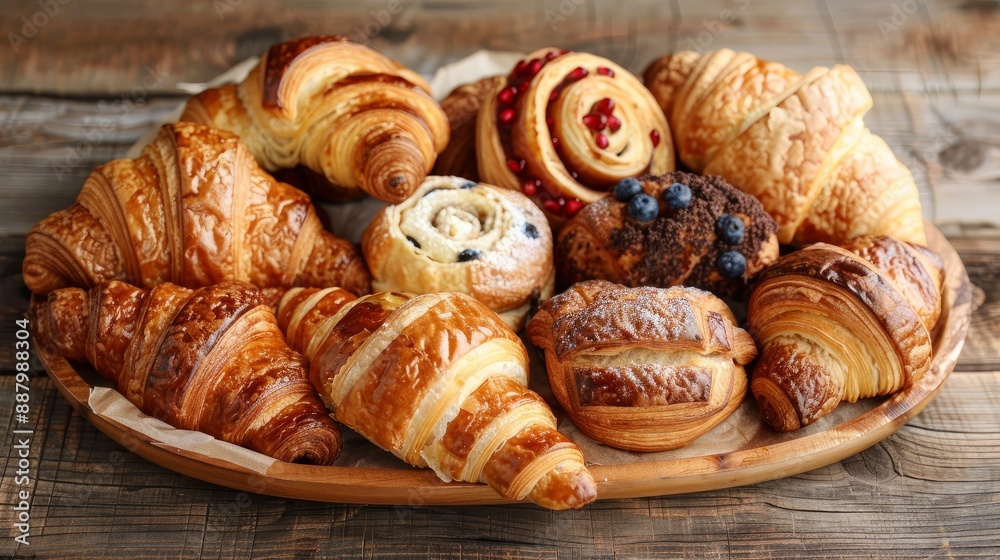 Variety of Freshly Baked Croissants and Pastries in Wooden Bowl.