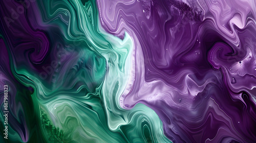 Abstract fluid art background dark purple and green colors. Liquid acrylic painting on canvas with blue gradient and splash. Watercolor backdrop with cyan waves pattern.