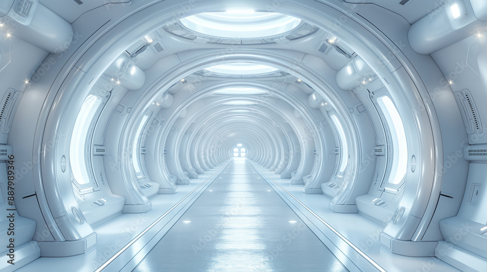 Obraz premium Dimensional image of a futuristic space room in a white and soft silver light style.