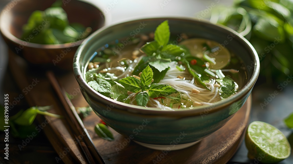 Savory Vietnamese pho with fresh herbs and lime Savory Vietnamese pho with fresh herbs and lime