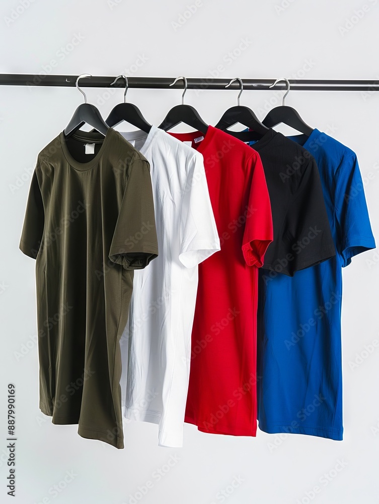 A rack of t - shirts hanging on a black wall. A rack of t - shirts hanging on a black wall.