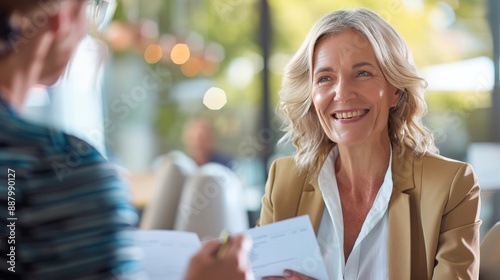 Fototapeta Naklejka Na Ścianę i Meble -  Smiling mature business woman hr holding cv document at job interview. Happy mid aged professional banking manager or lawyer consulting client sitting at workplace in corporate office meeting.